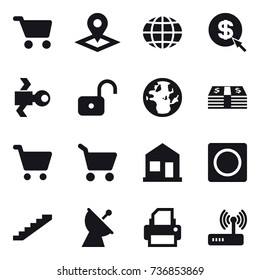 16 vector icon set : cart, pointer, globe, dollar arrow, satellite, unlock, home, ring button, stairs, satellite antenna