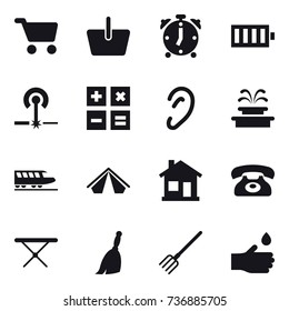 16 vector icon set : cart, basket, alarm clock, battery, laser, calculator, fountain, train, tent, home, phone, iron board, broom, fork, hand drop