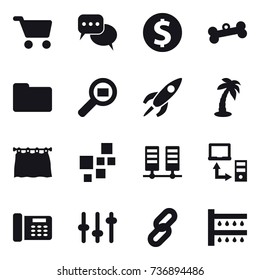 16 vector icon set : cart, discussion, dollar coin, bone, palm, curtain, watering