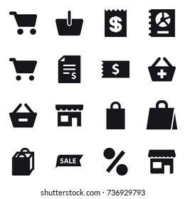 16 vector icon set : cart, basket, receipt, annual report, account balance, add to basket, remove from basket, shop, shopping bag, sale, percent