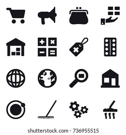 16 vector icon set : cart, loudspeaker, purse, gift, warehouse, calculator, home, rake, gears, vacuum cleaner
