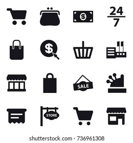 16 vector icon set : cart, purse, money, 24/7, shopping bag, dollar arrow, basket, store, market, sale, cashbox, atm receipt, store signboard, shop