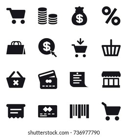 16 vector icon set : cart, coin stack, money bag, percent, shopping bag, dollar arrow, add to cart, basket, delete cart, credit card, shopping list, market, atm receipt