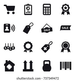 16 vector icon set : cart, report, calculator, medal, pass card, label, sale, smart house