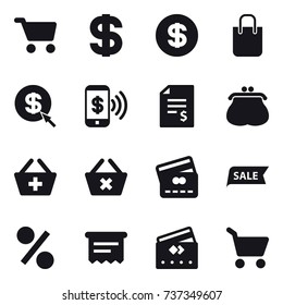 16 vector icon set : cart, dollar, shopping bag, dollar arrow, phone pay, account balance, purse, add to basket, delete cart, credit card, sale, percent, atm receipt