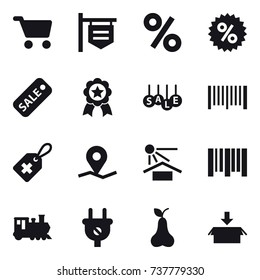 16 vector icon set : cart, shop signboard, percent, sale, medal, barcode, train, pear, package