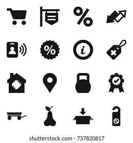 16 vector icon set : cart, shop signboard, percent, up down arrow, pass card, info, smart house, trailer, pear, package, do not distrub