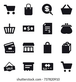 16 vector icon set : cart, shopping bag, dollar arrow, basket, money, account balance, purse, credit card, market, sale, atm receipt