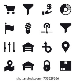 16 vector icon set : cart, funnel, investment, circle diagram, flag, bulb, laser, equalizer, garage, package