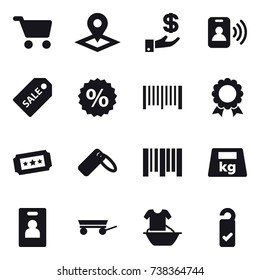 16 vector icon set : cart, pointer, investment, pass card, sale label, percent, barcode, medal, ticket, identity card, trailer, handle washing, please clean