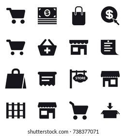 16 vector icon set : cart, money, shopping bag, dollar arrow, add to basket, shop, shopping list, atm receipt, store signboard, package