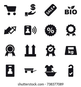 16 vector icon set : cart, investment, sale, bio, up down arrow, pass card, percent, medal, identity card, trailer, handle washing, please clean