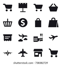 16 vector icon set : cart, billboard, basket, dollar coin, shopping bag, atm receipt, journey, mall, plane, airplane, shop