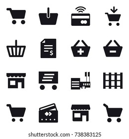 16 vector icon set : cart, basket, tap to pay, add to cart, account balance, add to basket, remove from basket, shop, delivery, mall, credit card