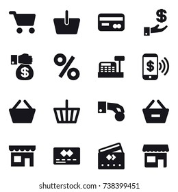 16 vector icon set : cart, basket, card, investment, money gift, percent, cashbox, phone pay, hand coin, remove from basket, shop, credit card