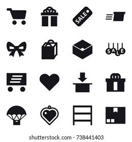 16 vector icon set : cart, gift, sale, delivery, bow, shopping bag, box, heart pendant, rack, package