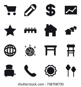 16 vector icon set : cart, pencil, dollar, statistic, star, bridge, home, houses, disco ball, stool, chair, toaster, trees