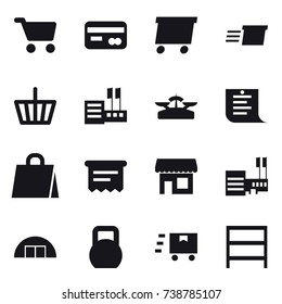 16 vector icon set : cart, card, delivery, basket, store, scales, shopping list, shopping bag, atm receipt, shop, mall, hangare, rack
