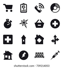 16 vector icon set : cart, report, call, circle diagram, stopwatch, bang, remove from basket, tower, smart house, home, electricity, syringe