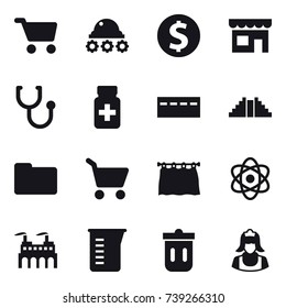 16 vector icon set : cart, lunar rover, dollar coin, shop, bunker, pyramid, curtain, measuring cup, trash bin, cleaner