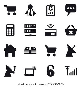 16 vector icon set : cart, share, report, message, calculator, server, tap to pay, delete cart, home