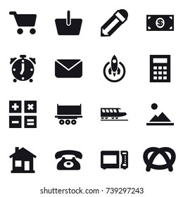 16 vector icon set : cart, basket, pencil, money, alarm clock, mail, rocket, calculator, train, landscape, home, phone