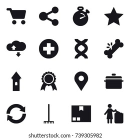 16 vector icon set : cart, share, stopwatch, star, cloude service, tower, medal, pan, reload, rake, package, garbage bin