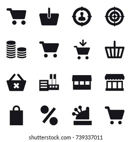 16 vector icon set : cart, basket, target audience, target, coin stack, add to cart, delete cart, store, market, shopping bag, percent, cashbox