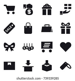 16 vector icon set : cart, money gift, gift, sale, shopping bag, bow, delivery
