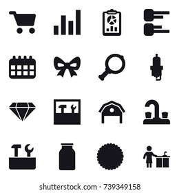 16 vector icon set : cart, graph, report, diagram, calendar, bow, magnifier, spark plug, diamond, tools, barn, water tap, repair tools, kitchen cleaning