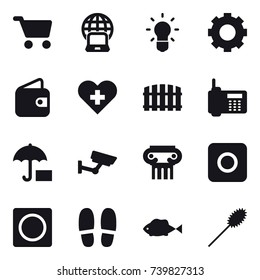 16 vector icon set : cart, notebook globe, bulb, gear, wallet, fence, surveillance, antique column, ring button, slippers, duster