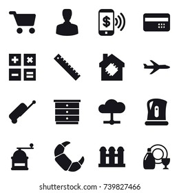 16 vector icon set : cart, man, phone pay, credit card, calculator, ruler, smart house, plane, suitcase, chest of drawers, kettle, hand mill, grain elevator, dish cleanser
