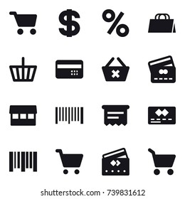 16 vector icon set : cart, dollar, percent, shopping bag, basket, credit card, delete cart, market, barcode, atm receipt