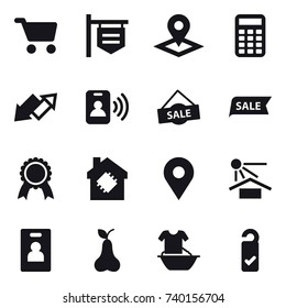 16 vector icon set : cart, shop signboard, pointer, calculator, up down arrow, pass card, sale, medal, smart house, identity card, pear, handle washing, please clean