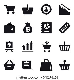 16 vector icon set : cart, basket, target audience, crisis, wallet, money bag, annual report, sale, presentation, graph up, add to cart, remove from basket, shopping list, shopping bag