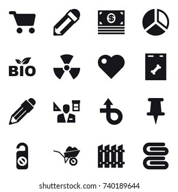 16 vector icon set : cart, pencil, money, diagram, bio, nuclear, heart, architector, do not distrub, wheelbarrow, fence, stack of towels