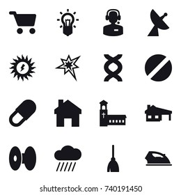 16 vector icon set : cart, bulb, call center, satellite antenna, sun power, bang, home, church, house with garage, rain cloud, broom, iron