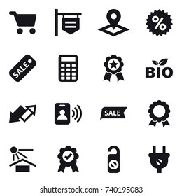 16 vector icon set : cart, shop signboard, pointer, percent, sale, calculator, medal, bio, up down arrow, pass card, do not distrub