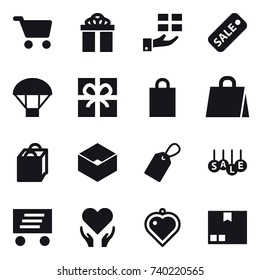 16 vector icon set : cart, gift, sale, parachute, shopping bag, box, label, delivery, heart pendant, package