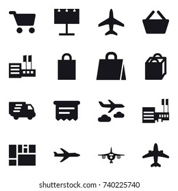 16 vector icon set : cart, billboard, plane, basket, store, shopping bag, delivery, atm receipt, journey, mall, airplane