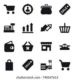 16 vector icon set : cart, target audience, purse, sale, cashbox, graph up, up down arrow, basket, wallet, delete cart, shop, scales, shopping bag, sale label, mall