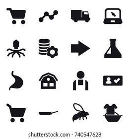 16 vector icon set : cart, graph, truck, notebook, virus, virtual mining, right arrow, house, check in, pan, wasp, handle washing