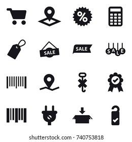 16 vector icon set : cart, pointer, percent, calculator, label, sale, barcode, package, please clean