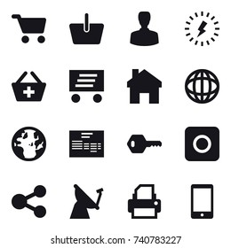 16 vector icon set : cart, basket, man, lightning, add to basket, delivery, home, key, ring button