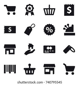 16 vector icon set : cart, medal, basket, receipt, label, percent, cashbox, shop, real estate