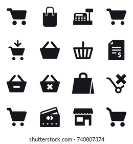 16 vector icon set : cart, shopping bag, cashbox, add to cart, basket, account balance, remove from basket, delete cart, credit card, shop