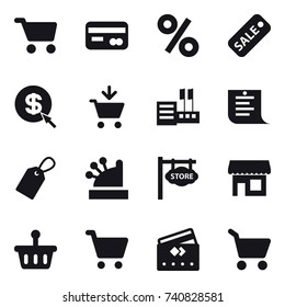 16 vector icon set : cart, card, percent, sale, dollar arrow, add to cart, store, shopping list, label, cashbox, store signboard, shop, credit card