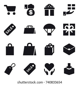 16 vector icon set : cart, money gift, gift, sale, shopping bag, parachute, box, label, sale label