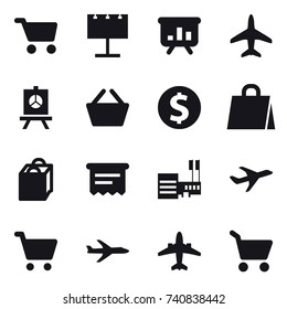 16 vector icon set : cart, billboard, presentation, plane, basket, dollar coin, shopping bag, atm receipt, mall, airplane