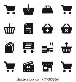 16 vector icon set : cart, basket, shopping bag, account balance, add to basket, delete cart, delivery, mall, credit card, shop